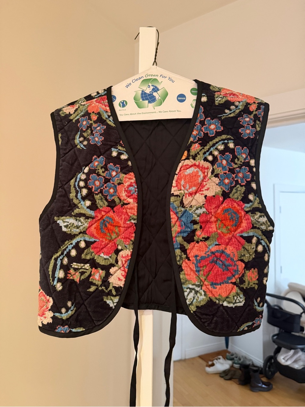 Embroidered Floral Quilted Vest - Black with Red Floral Design